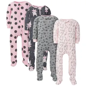 4-Pack Infant & Toddler Girls Leopard & Bunny Snug Fit Footed Cotton Pajamas