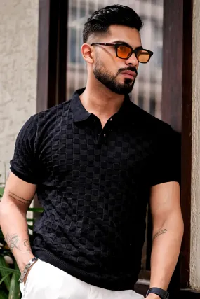 Black Embedded Texture Polo T-Shirt