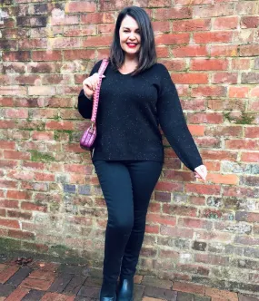 Black Flecked Relaxed V Neck Jumper