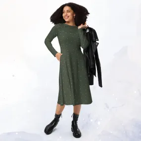 Dark Green and Gold Polka Dot Long Sleeve Midi Dress with Pockets