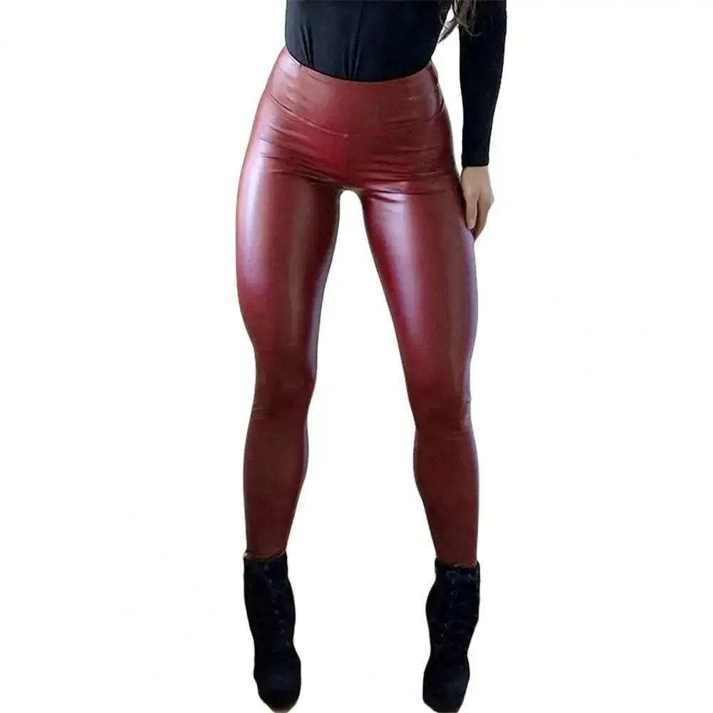 Faux Leather Sexy High Waist Solid Full Length Straight Pencil Bodycon Pants