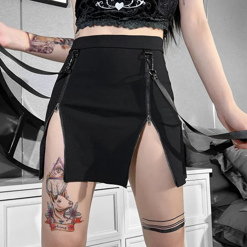 Gothic Zip Split Sexy Women Mini Grunge Strap Black High Waist Pencil E-girl Skirt