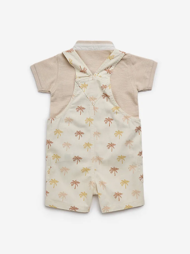 HOP Baby Beige Printed Dungaree & Cotton T-Shirt Set