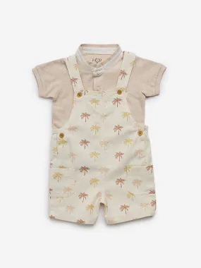 HOP Baby Beige Printed Dungaree & Cotton T-Shirt Set