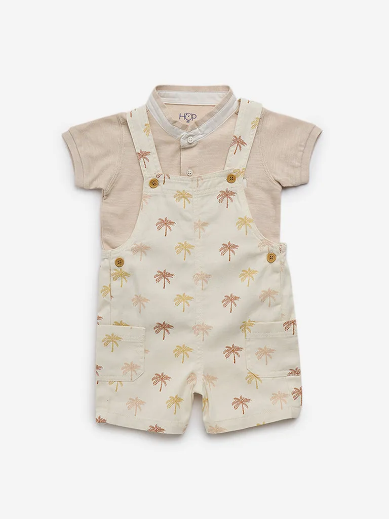 HOP Baby Beige Printed Dungaree & Cotton T-Shirt Set