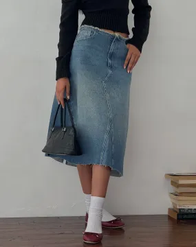 Low Rise Denim Midi Skirt in Vintage Blue Green