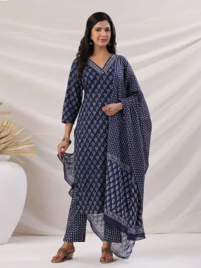 Navy Blue Cotton Ethnic Motifs Regular Kurta Set