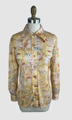 PIERRE FOSHEY 70s Deadstock City Print Polyester Disco Shirt • Medium