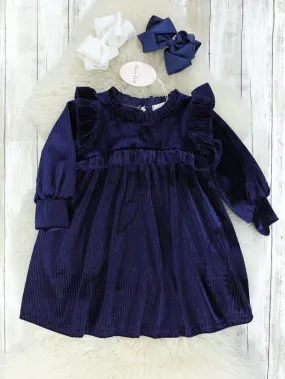 Ribbed Navy Velvet Ruffle Dress