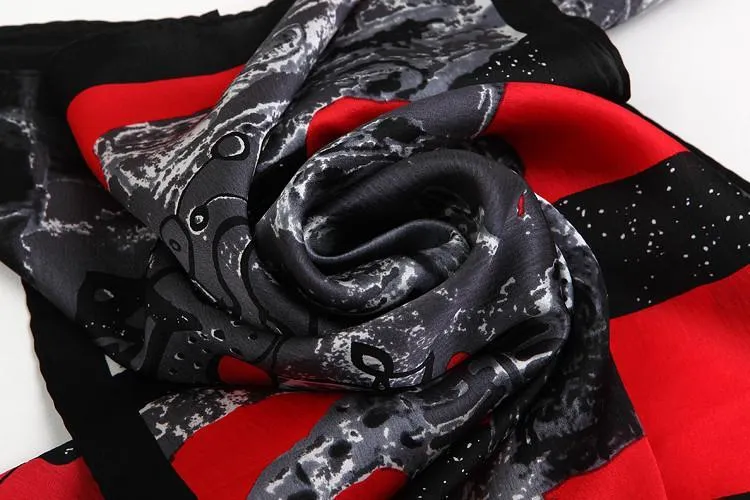 Small Square Silk Satin Scarf Black and Red XFJ201