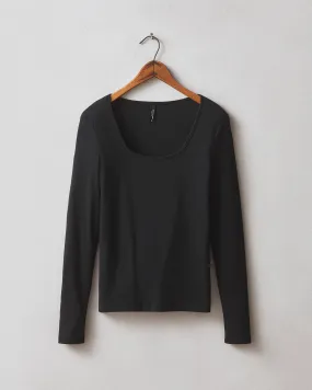 Stretch Rib Square Neck Long Sleeve - Black